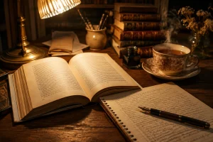 مترجم ادبی در حال ترجمه یک کتاب